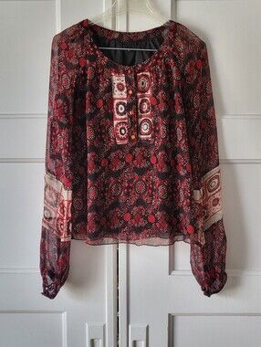 Anna Sui Vintage Chiffon Red Black Cream Pattern Peasant Blouse Size 4